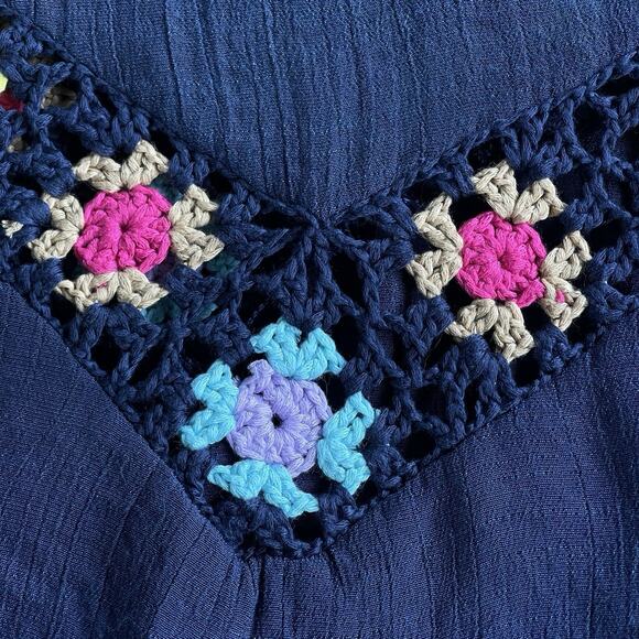 Rain Womens Granny Square Crochet Blouse Medium Blue Boho V Neck Hippie Festival - Picture 3 of 11